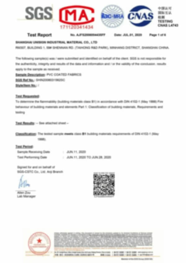 SGS test report scan for PVC coated fabrics tested to DIN 4102-1 with B1 result