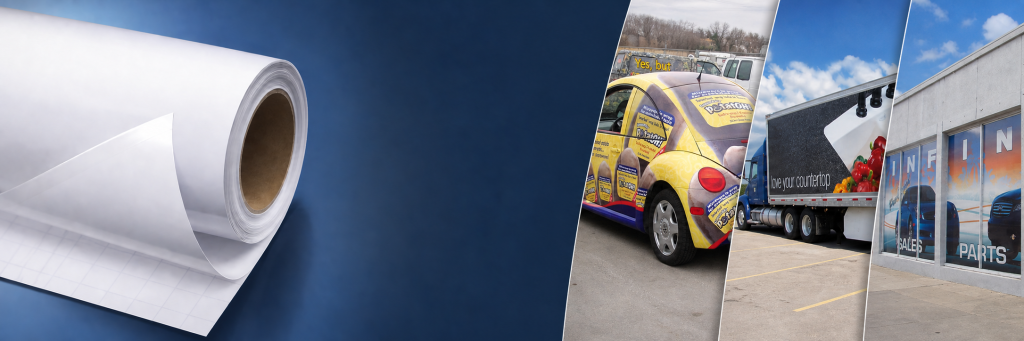 100 micron printable self adhesive vinyl roll with vehicle truck and storefront advertising