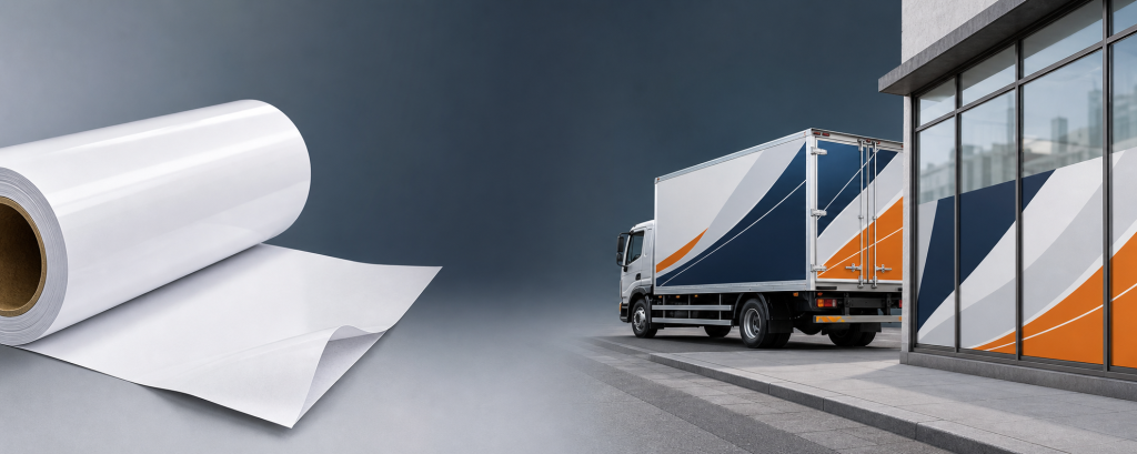 80 micron printable self adhesive vinyl roll with truck and storefront advertising applications
