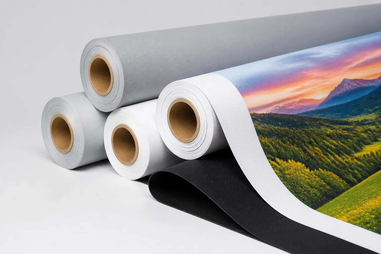 Illustrative view of dye sublimation blockout fabric rolls with white print faces and dark backing layers