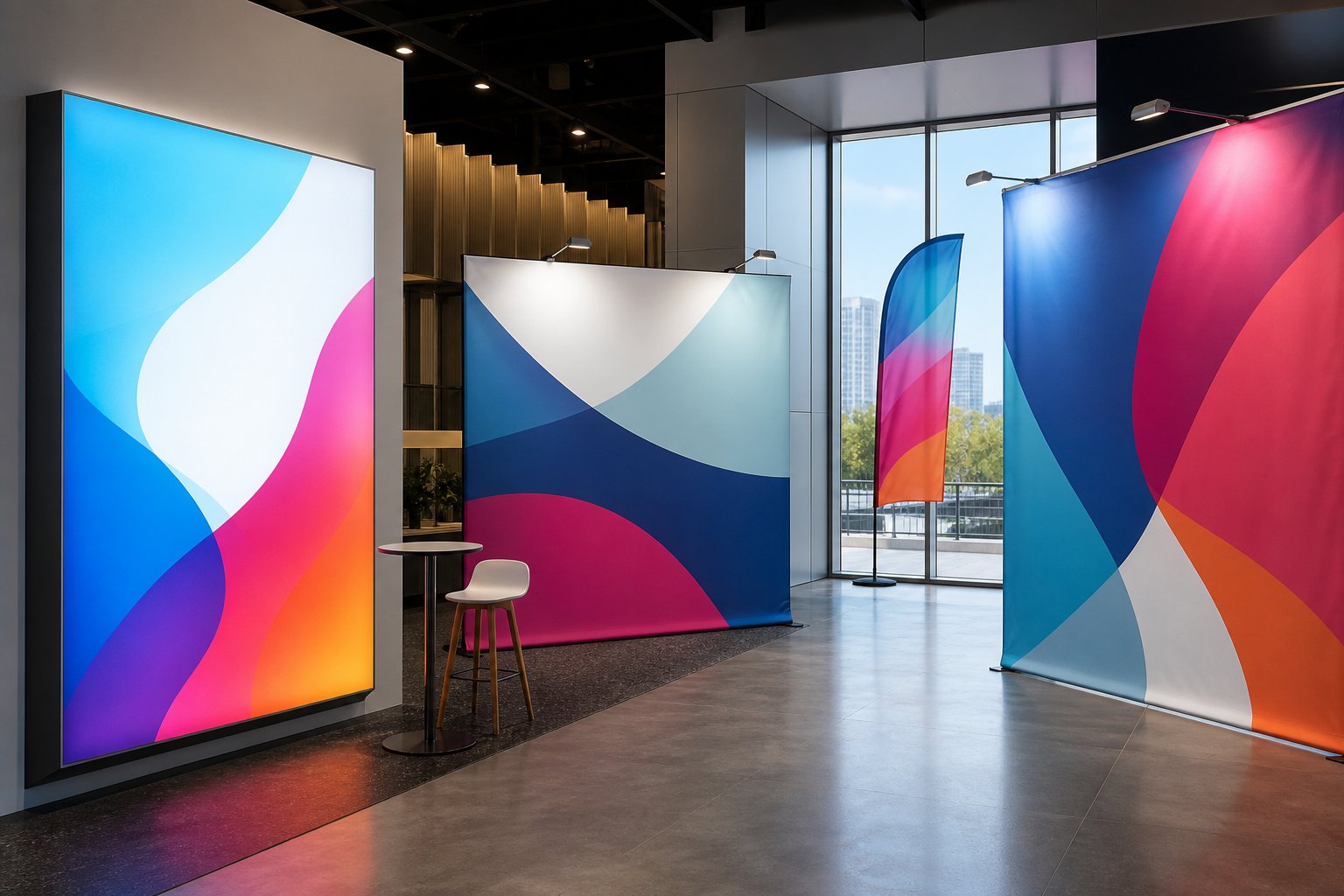 Dye sublimation fabric applications including an SEG lightbox, backdrop and flag