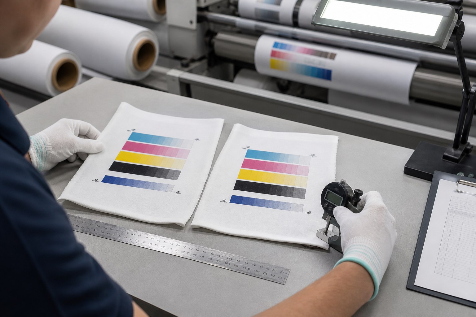 Technician comparing printed dye sublimation fabric samples for batch consistency