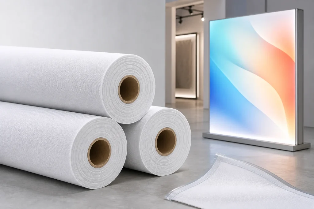 Unprinted SEG fabric rolls, finished backlit SEG frame and sewn silicone edge