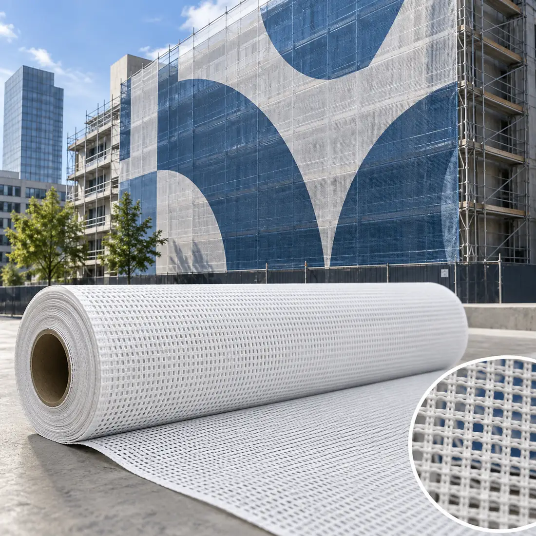 Unprinted building wrap mesh roll and scaffold graphic application illustration