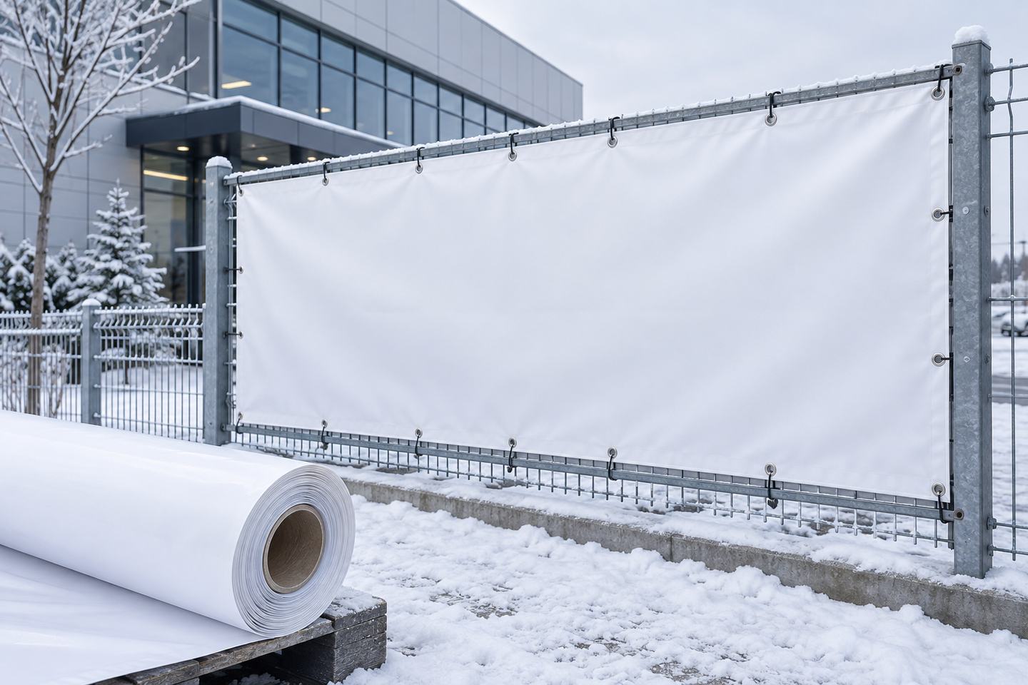 PVC banner material installed on a reinforced outdoor frame in a snowy cold-weather project setting