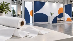 Illustration of white polyester fabric rolls and printed exhibition displays