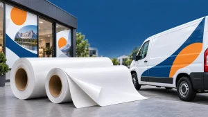 Illustration of printable self adhesive vinyl rolls with storefront and van advertising