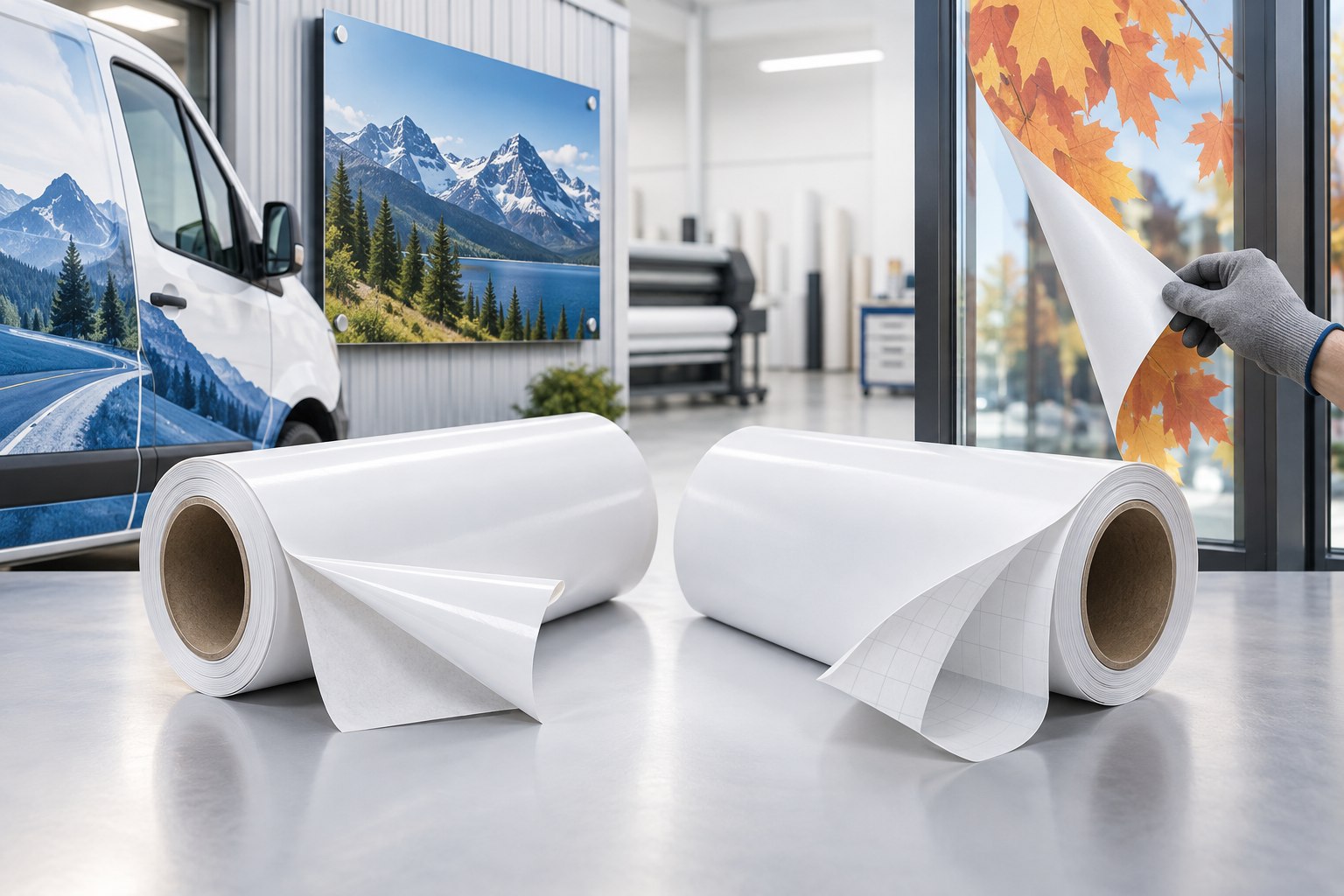 Unprinted permanent and removable self adhesive vinyl rolls with long-term sign and temporary window graphic examples