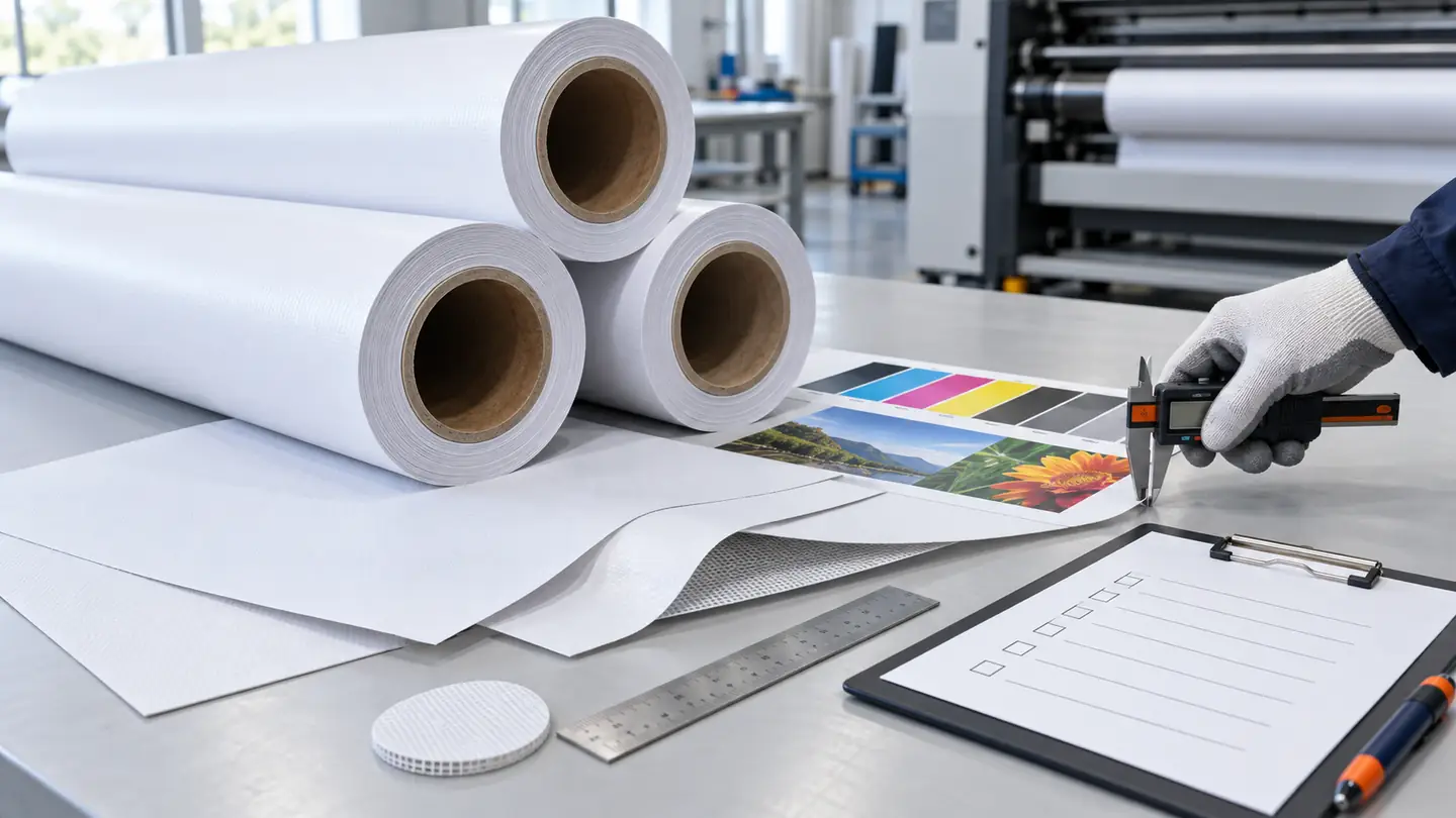 PVC banner sample roll, printed test chart, measuring tools and approval checklist