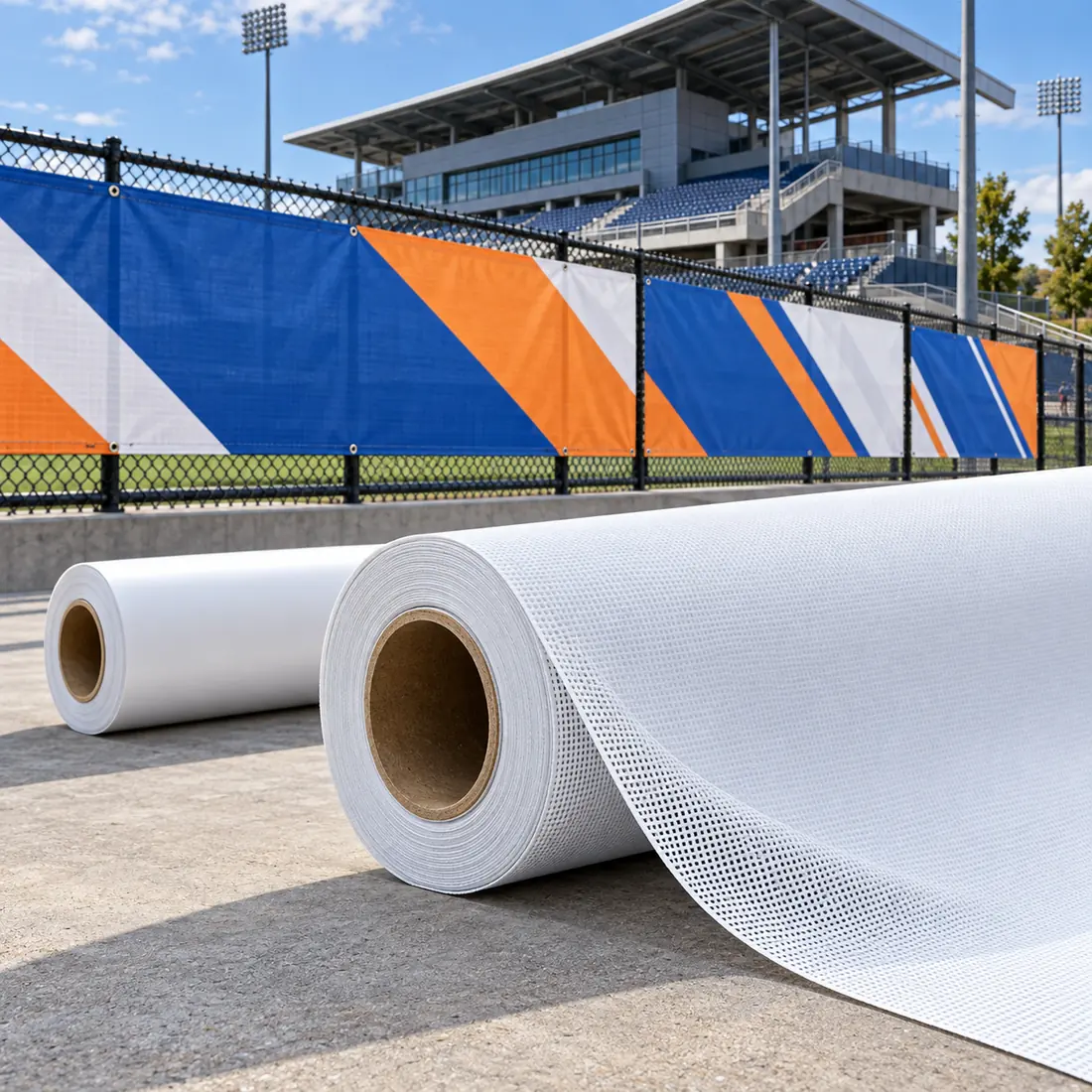 Unprinted banner material rolls for stadium and sports fence graphics