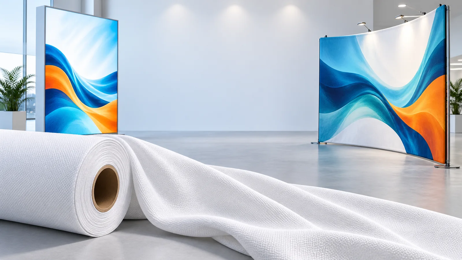 AI-generated illustration of polyester fabric rolls with a lightbox and fabric display