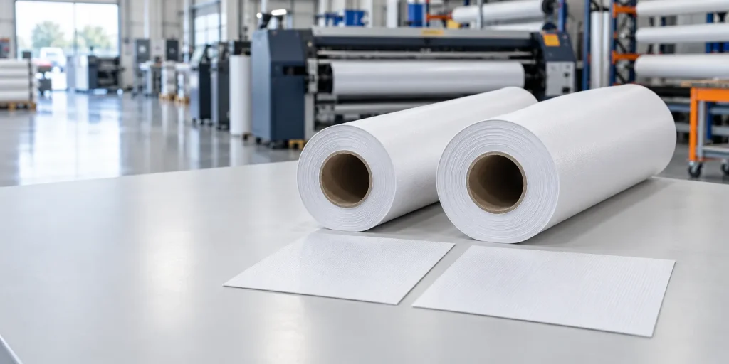 13 oz and 18 oz white PVC banner material rolls in a wide-format printing workshop