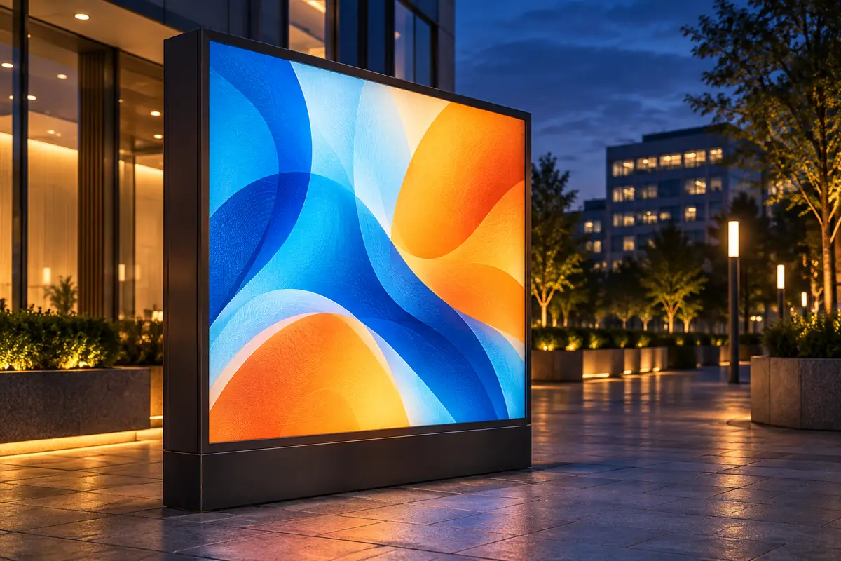 Outdoor backlit advertising lightbox glowing evenly at blue hour