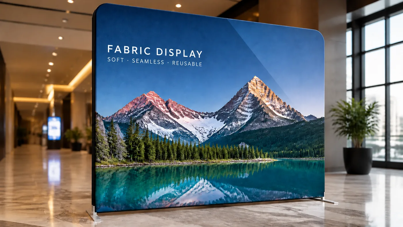 Tensioned polyester fabric brand wall in a modern lobby