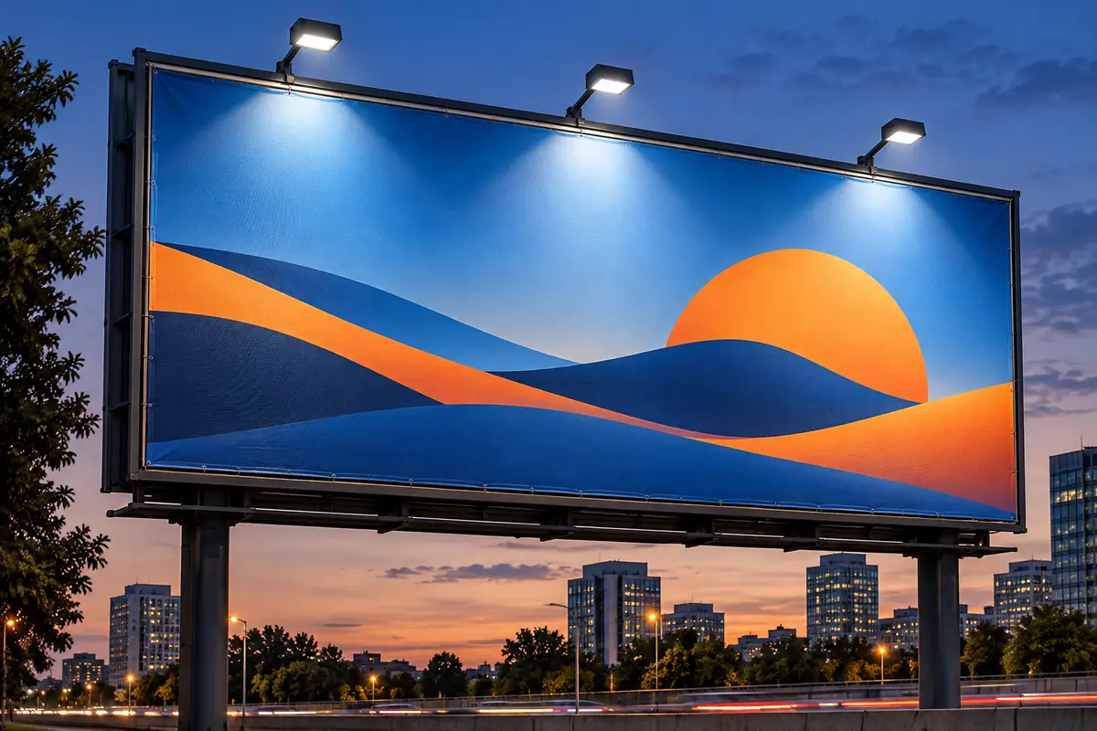 Three front-facing spotlights illuminating an opaque PVC frontlit outdoor billboard