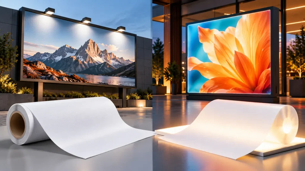 Frontlit billboard and opaque PVC roll lit from the front on the left; backlit lightbox and translucent roll lit from behind on the right