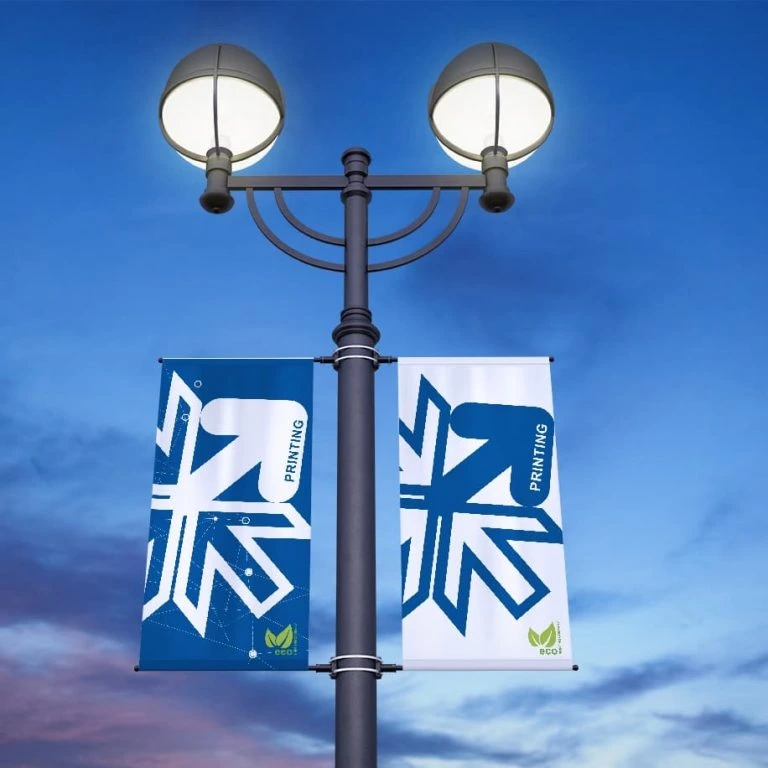 Vertical advertising banners mounted on both sides of a street pole