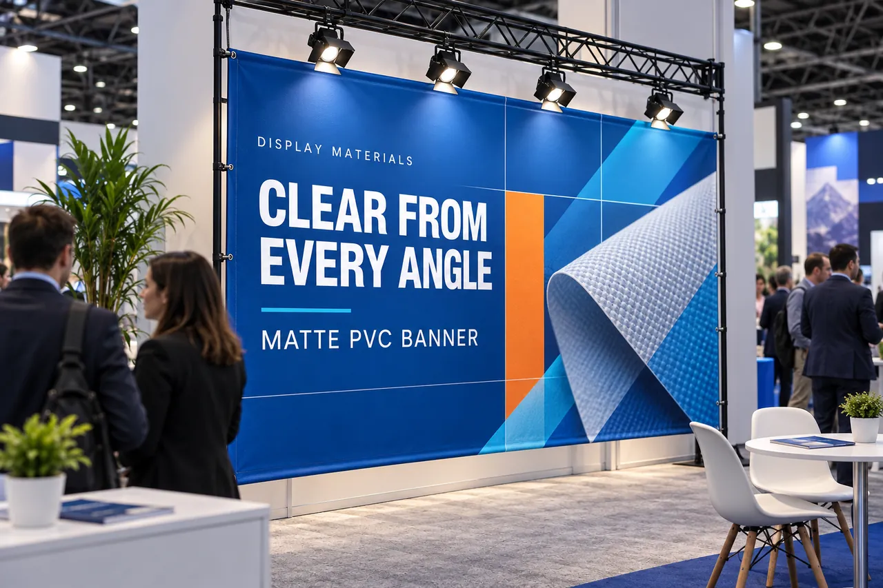 Matte PVC exhibition banner with clear white text under overhead spotlights