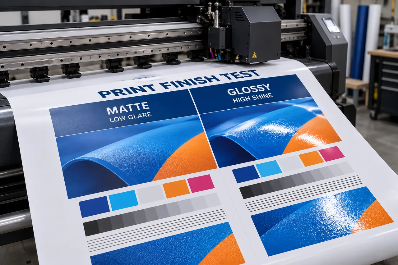 Wide-format printer producing a matte-versus-glossy banner test with color blocks and grayscale bars