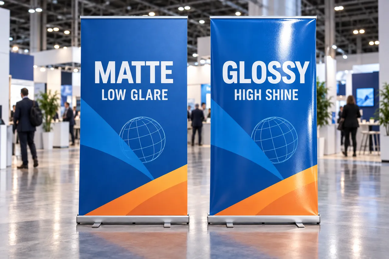 Matte and glossy PVC banners with the same blue-and-orange design under trade show lighting