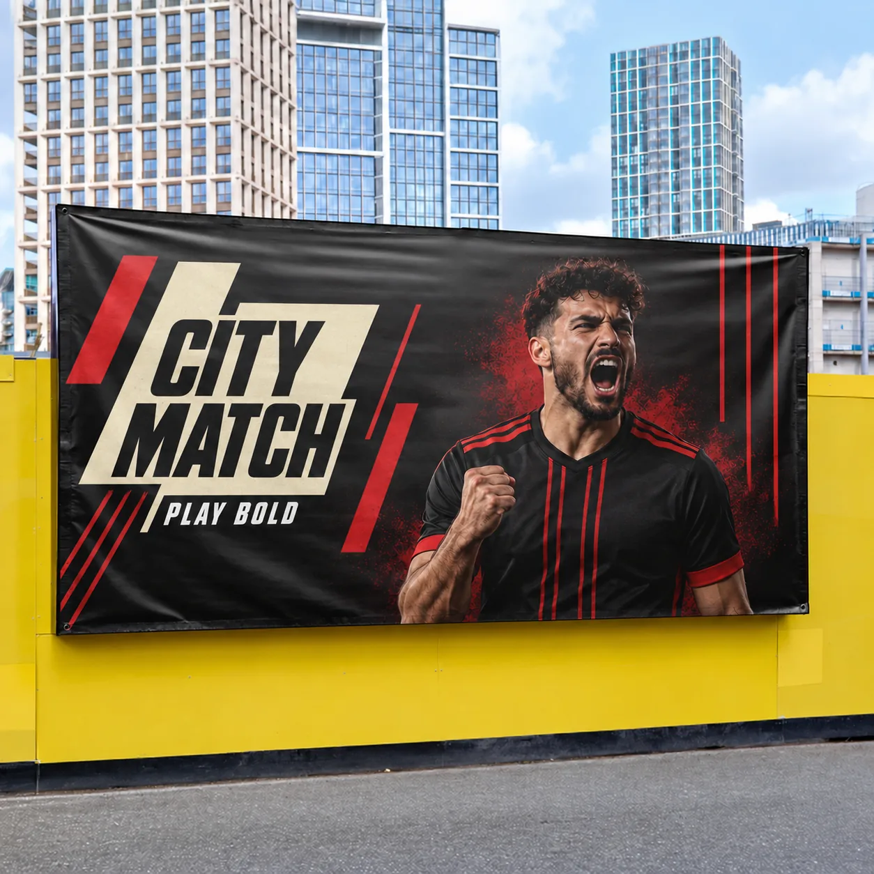 Outdoor vinyl event banner installed in a city public space