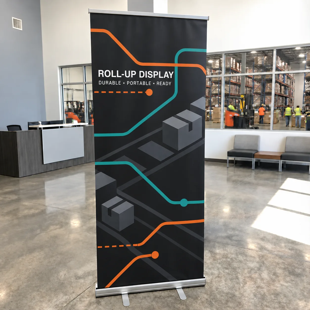 Portable roll-up display at the entrance to an indoor event