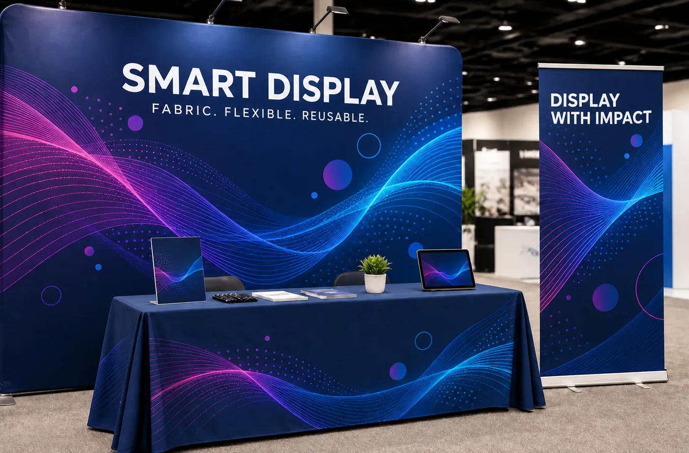 Tension fabric backdrop, tablecloth, and portable display at a trade show booth
